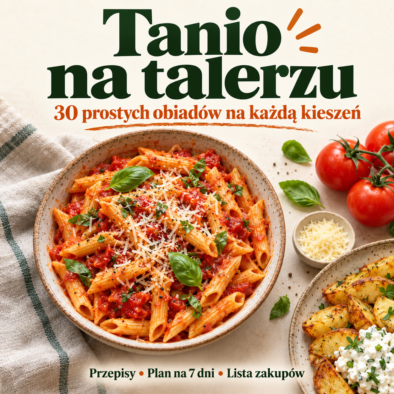 Okładka ebooka Tanio na talerzu z makaronem pomidorowym i pieczonymi ziemniakami